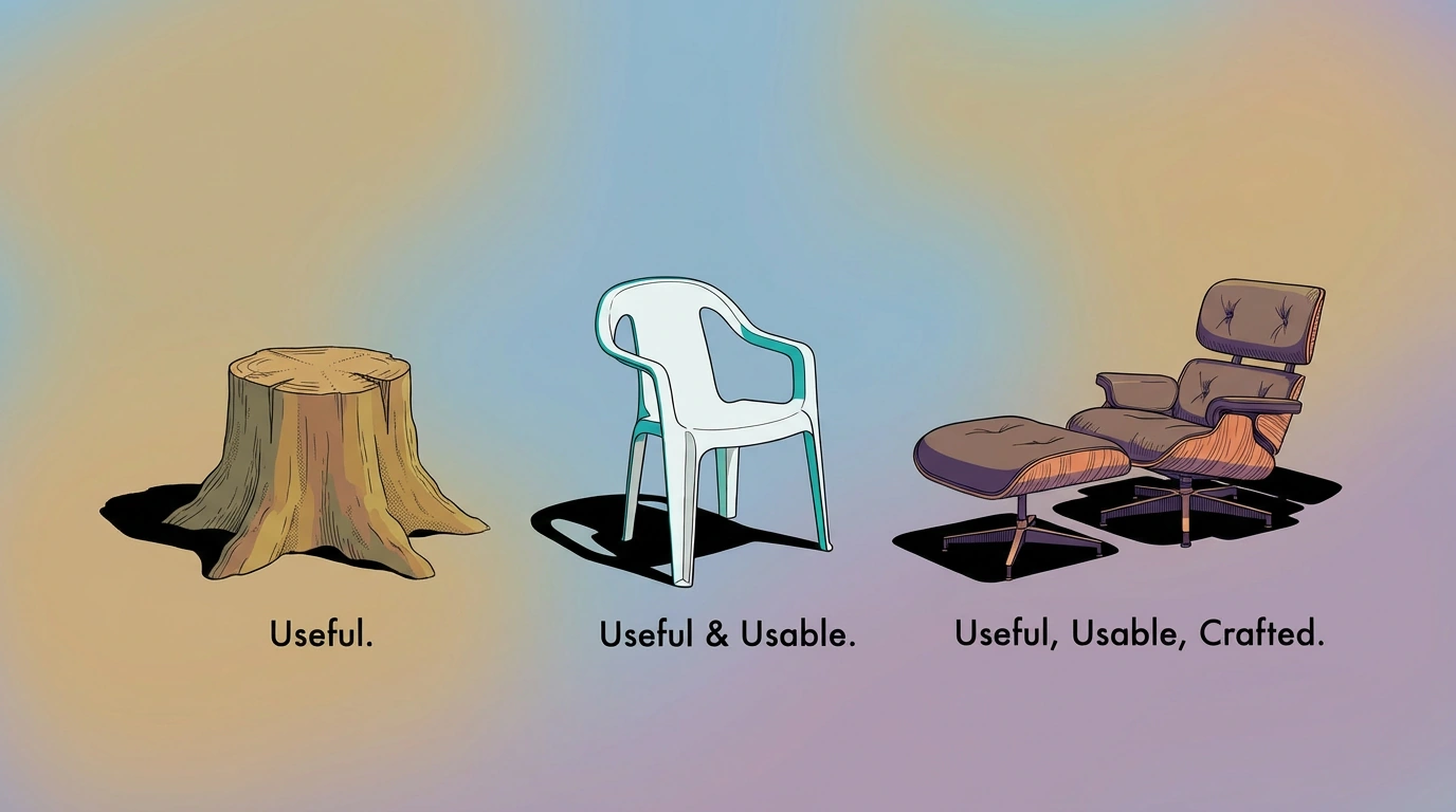 Three chairs showing the hierarchy of design qualities: a tree stump labeled Useful, a plastic chair labeled Useful and Usable, and an Eames lounge chair labeled Useful, Usable, Crafted